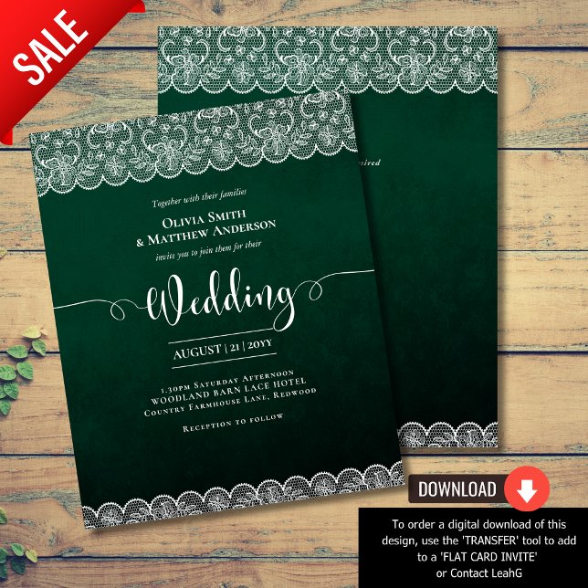 Papier BUDGET Emerald Green Lace Blanche Rustique Mariage (Créateur téléchargé)