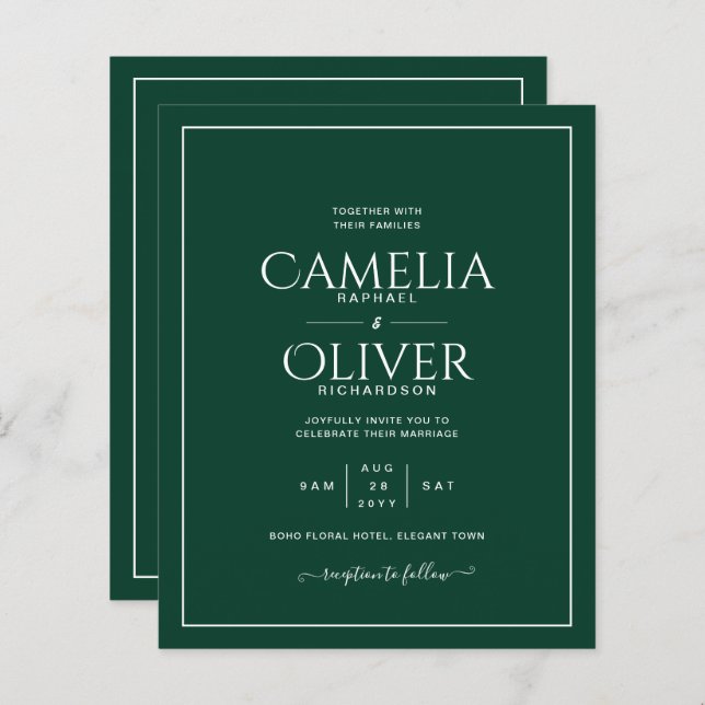 Papier BUDGET Emerald Green MONOCHROME Mariage (Devant / Derrière)