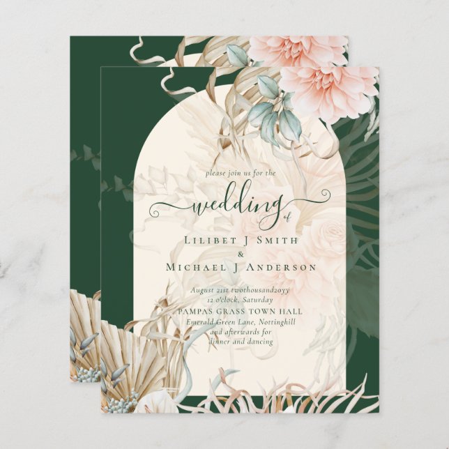 Papier BUDGET Emerald Green Pampas Grass Peach Mariage (Devant / Derrière)