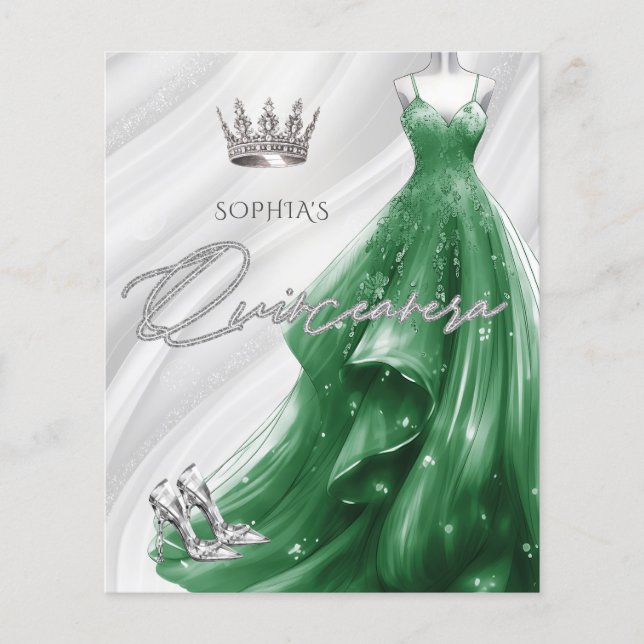 Papier Budget Emerald Robe verte Quinceañera Invitation (Devant)