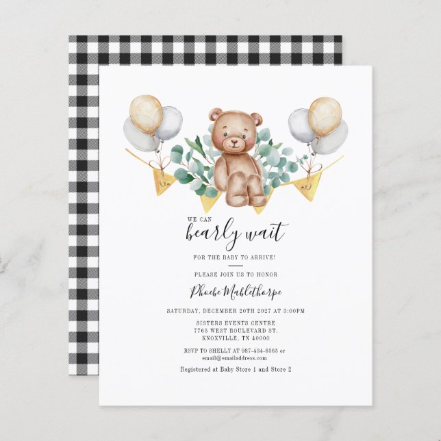 Papier Budget En vichy Baby shower Eucalyptus Invitation (Devant / Derrière)
