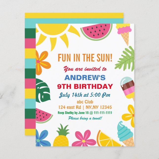 Papier Budget Été Anniversaire Fête Invitation (Devant / Derrière)