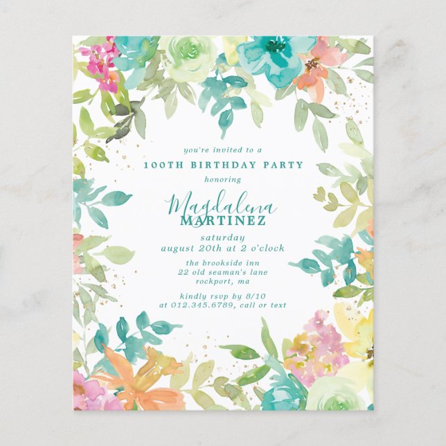 Papier Budget Été Floral 100e Invitation anniversaire (Devant)