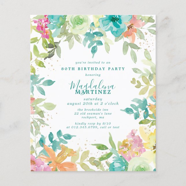 Papier Budget été floral 80e anniversaire Invitation (Devant)