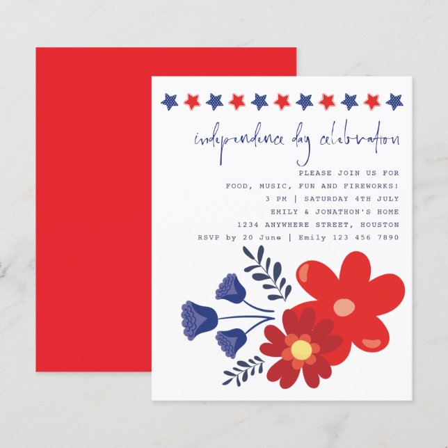 Papier Budget Étoiles Florals Invitation Fête de l'Indépe (Devant / Derrière)