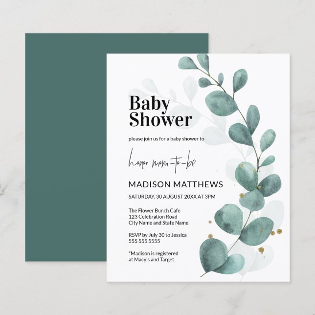 Papier Budget Eucalyptus Baby shower botanique de verdure (Devant / Derrière)