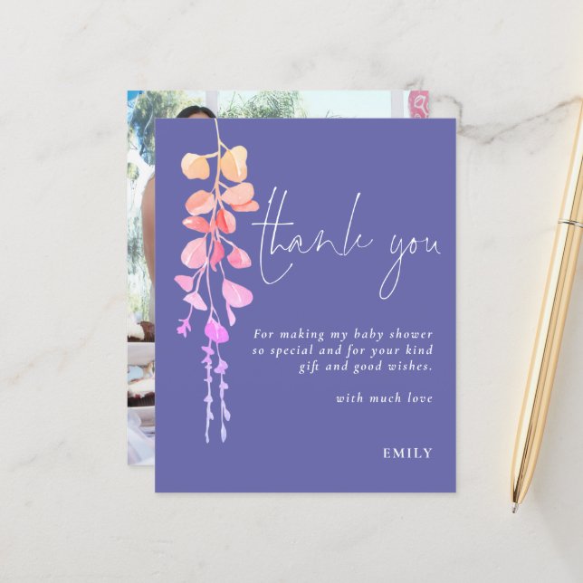 Papier Budget Eucalyptus Baby shower Lilac photo Merci (Devant/Arrière en situation)