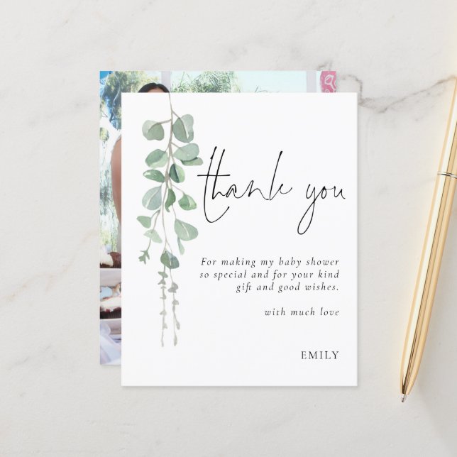 Papier Budget Eucalyptus Baby shower Party photo Merci (Devant/Arrière en situation)