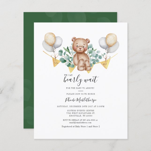 Papier Budget Eucalyptus Baby shower vert Invitation (Devant / Derrière)
