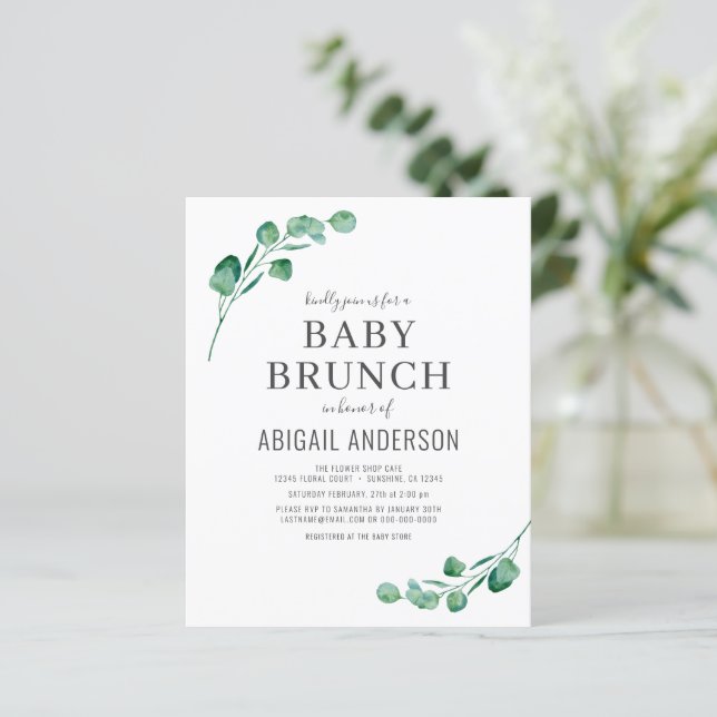 Papier Budget Eucalyptus Bébé Brunch Vert Invitation (Debout devant)