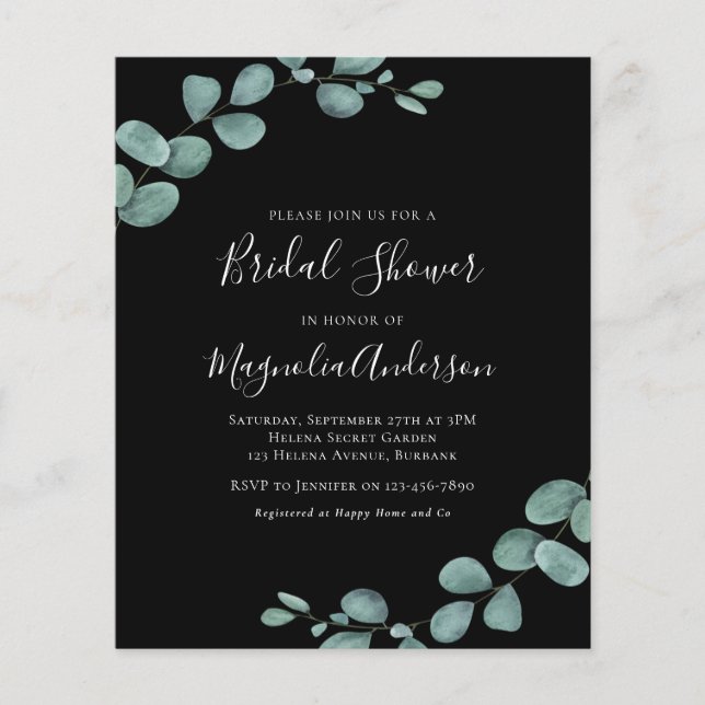 Papier Budget Eucalyptus Black Bridal Shower Invitation (Devant)