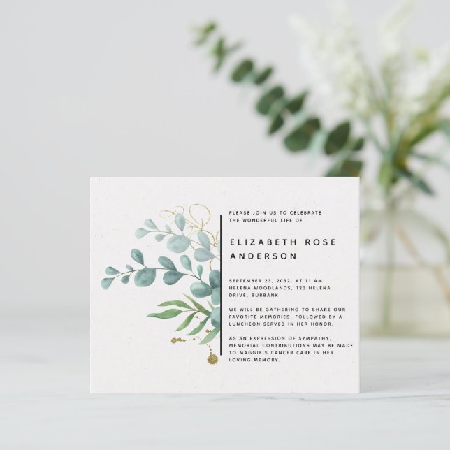 Papier BUDGET Eucalyptus Célébration de la vie Invitation (Debout devant)
