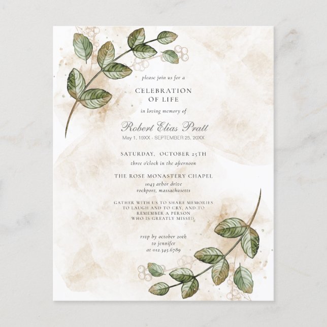 Papier Budget Eucalyptus Célébration de la vie Invitation (Devant)
