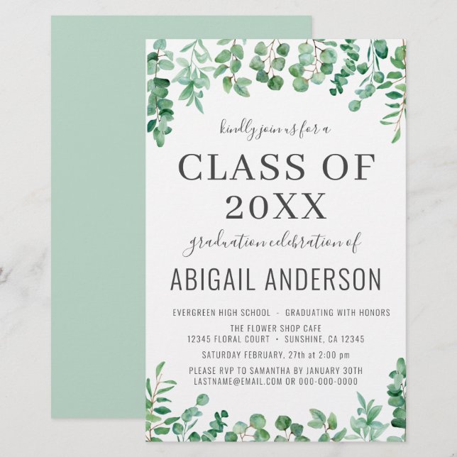 Papier Budget Eucalyptus Classe de 2023 Invitation du Par (Devant / Derrière)