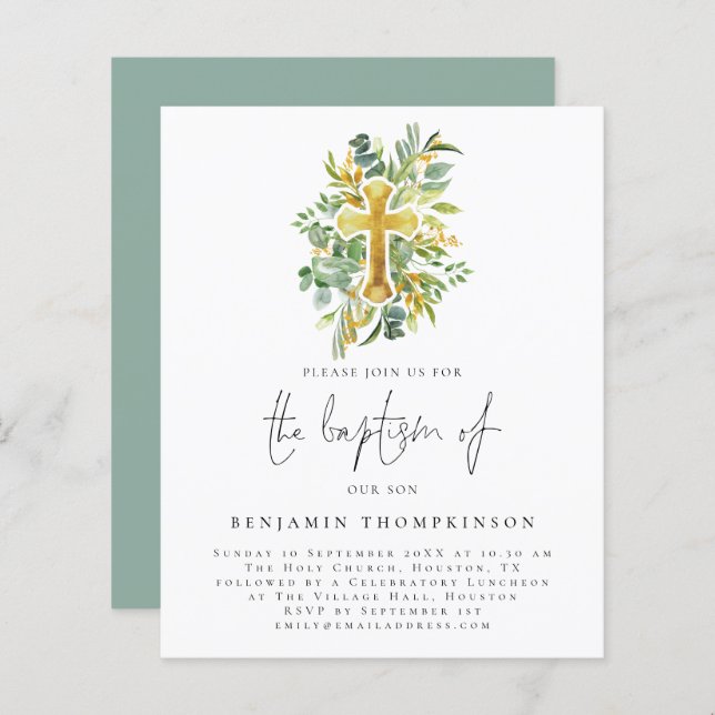 Papier Budget Eucalyptus Croix Baptême Invitation Turquoi (Devant / Derrière)