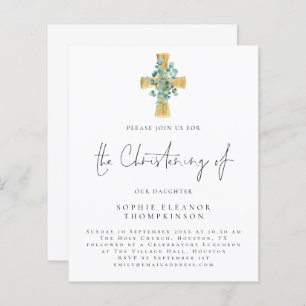 Papier Budget Eucalyptus Cross Script Christening Invitat