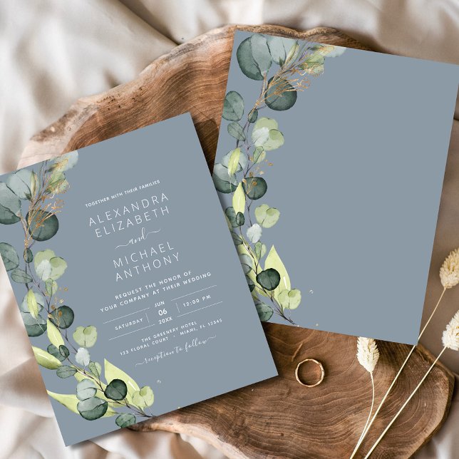 Papier Budget Eucalyptus Dusty Blue Faire-part de mariage (Créateur téléchargé)