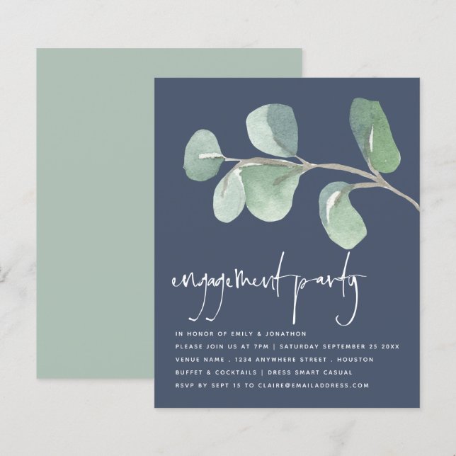 Papier Budget Eucalyptus Dusty Navy Blue Engagement Party (Devant / Derrière)