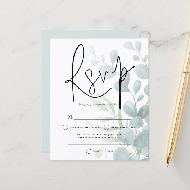 Papier Budget Eucalyptus Elégant Script Wedding RSVP (Devant/Arrière en situation)