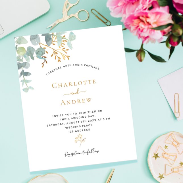 Papier Budget Eucalyptus faire-part de mariage d'or vert (Créateur téléchargé)