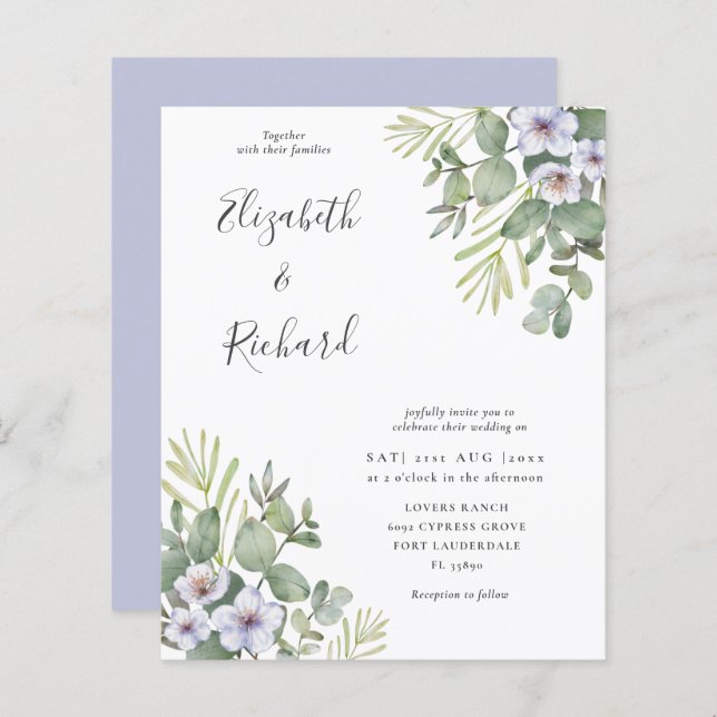 Papier Budget Eucalyptus & Faire-part de mariage Floral (Devant / Derrière)