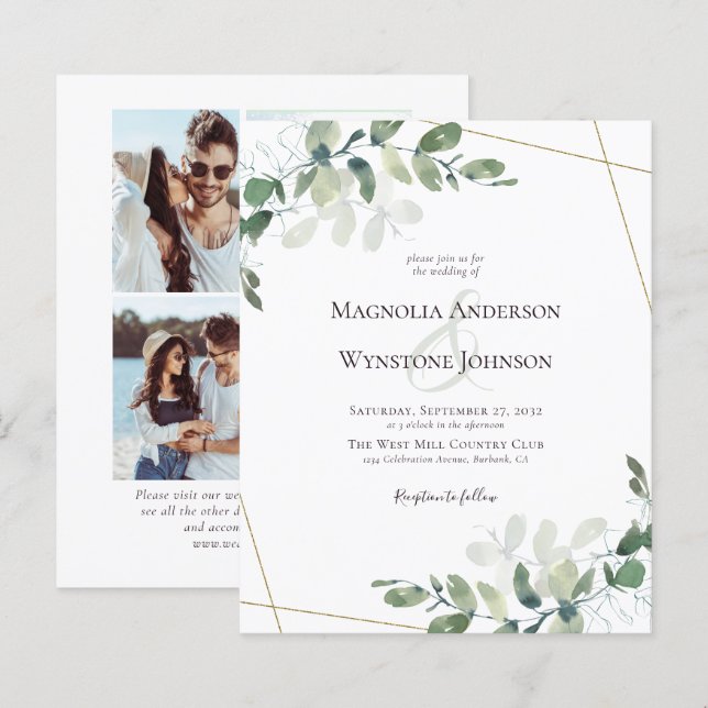 Papier Budget Eucalyptus Gold Photo Faire-part de mariage (Devant / Derrière)