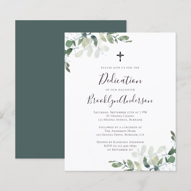 Papier Budget Eucalyptus Green Dedication Invitation (Devant / Derrière)