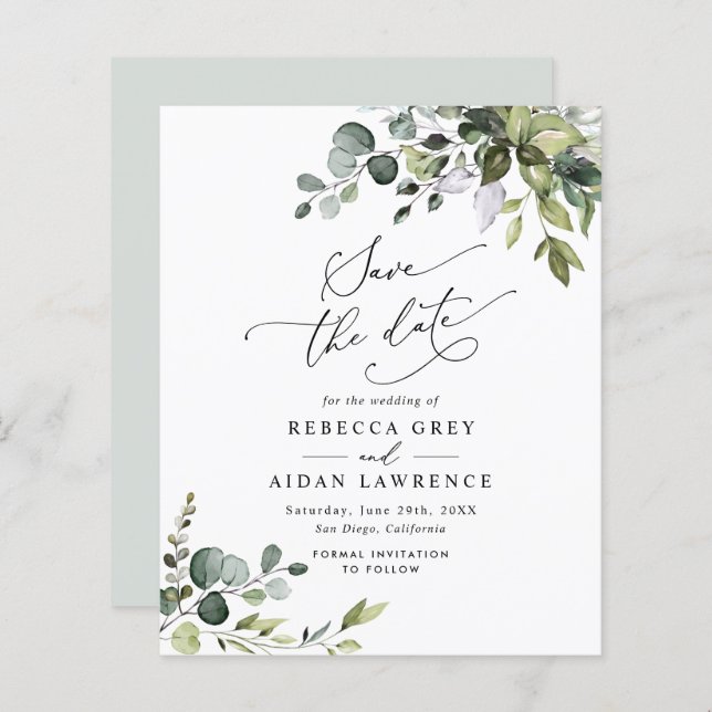 Papier Budget Eucalyptus Green Wedding Enregistrer la dat (Devant / Derrière)