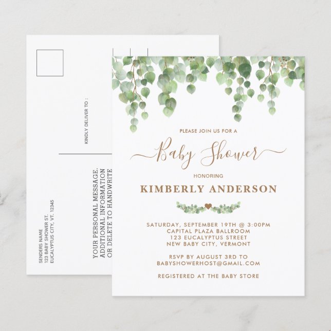 Papier Budget Eucalyptus Invitation Baby shower d'or de v (Devant / Derrière)
