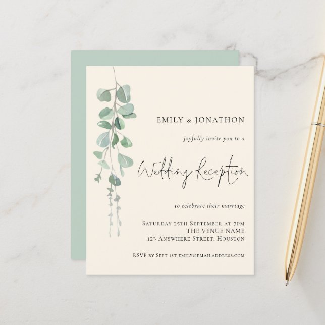 Papier Budget Eucalyptus Ivory Wedding Invitation de réce (Devant/Arrière en situation)