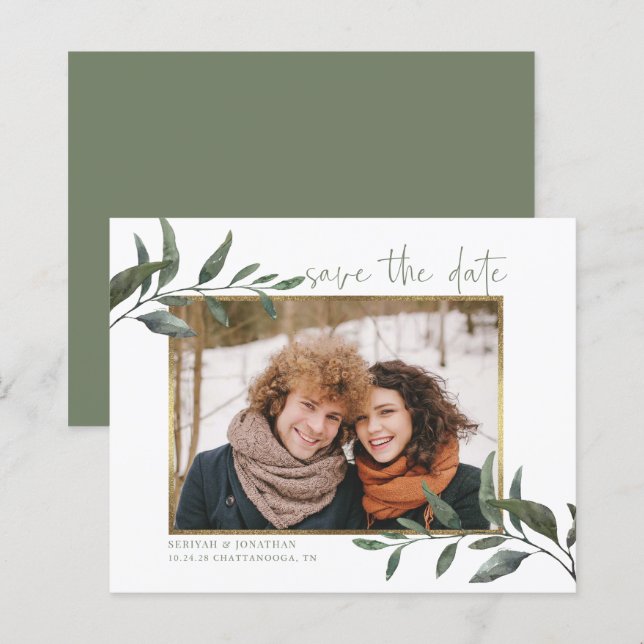 Papier Budget Eucalyptus Mariage Enregistrer la date Phot (Devant / Derrière)