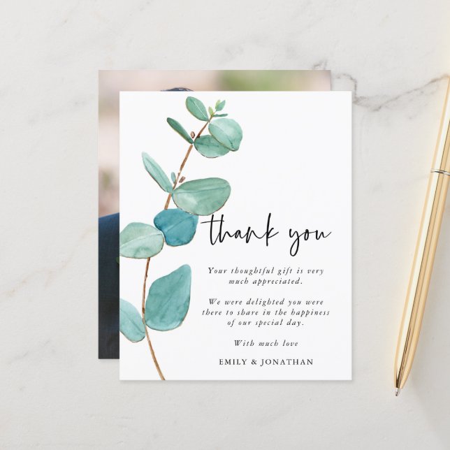 Papier Budget Eucalyptus Mariage photo Merci (Devant/Arrière en situation)