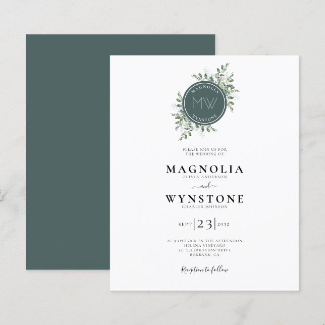 Papier BUDGET Eucalyptus Monogram Wedding Invite (Devant / Derrière)