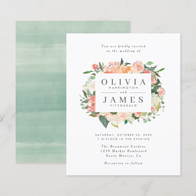 Papier Budget Eucalyptus Peach Aquarelle Mariage floral (Devant / Derrière)