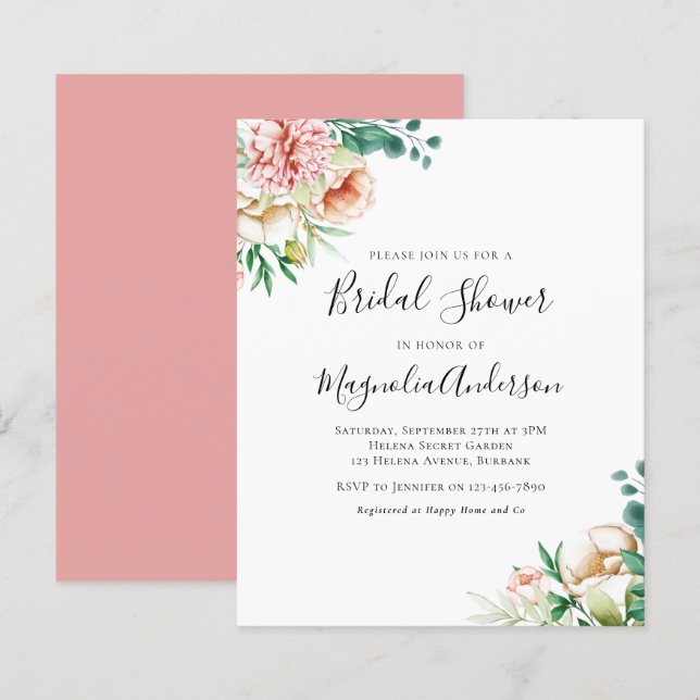 Papier Budget Eucalyptus Peony Invitation à la douche nup (Devant / Derrière)