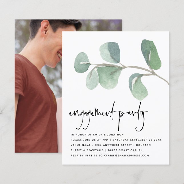 Papier Budget Eucalyptus Photo Engagement Invitation (Devant / Derrière)