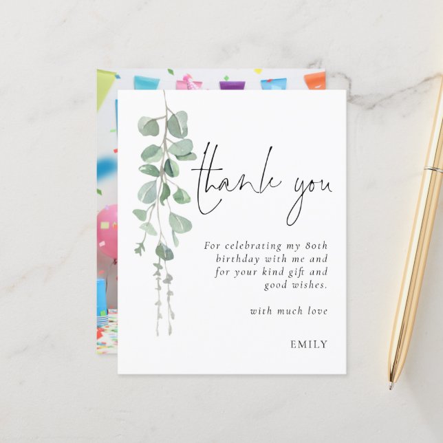 Papier Budget Eucalyptus Photo Merci de 80e anniversaire (Devant/Arrière en situation)