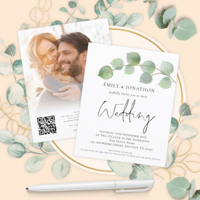 Papier BUDGET Eucalyptus Photo QR Code Mariage Invitation (Créateur téléchargé)