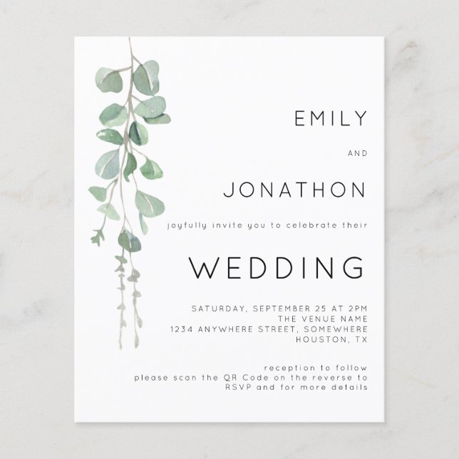 Papier Budget Eucalyptus QR Code Faire-part de mariage (Devant)
