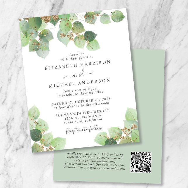 Papier Budget Eucalyptus QR Code Faire-part de mariage (Créateur téléchargé)
