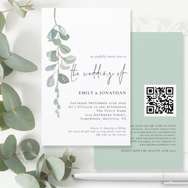 Papier Budget Eucalyptus QR Code Script Mariage Invitatio (Créateur téléchargé)
