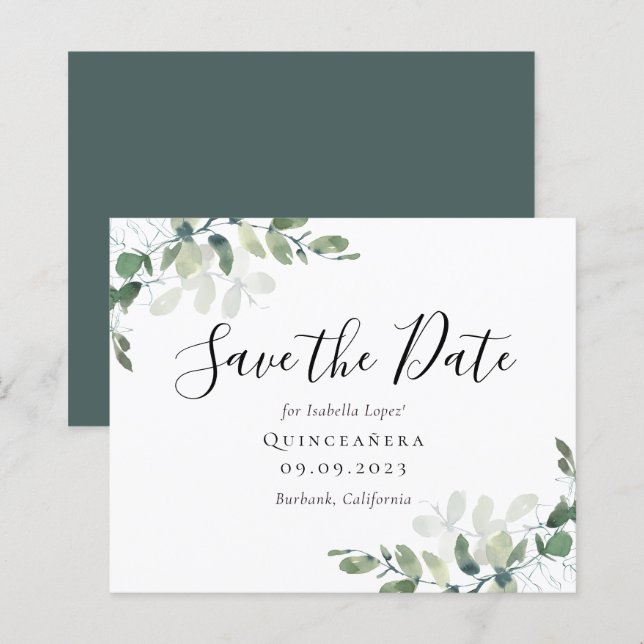 Papier BUDGET Eucalyptus Quinceañera Enregistrer la date (Devant / Derrière)