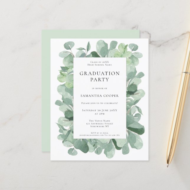 Papier Budget Eucalyptus Sage Graduation Party Invitation (Devant/Arrière en situation)