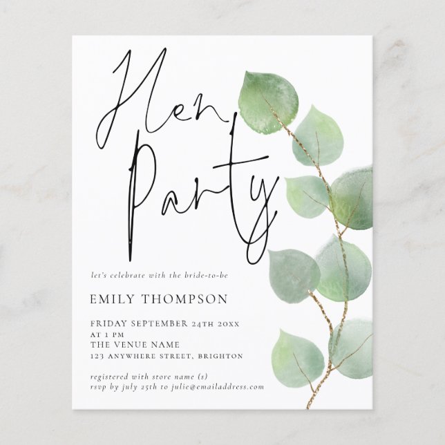 Papier Budget Eucalyptus Script Hen Party Invitation (Devant)