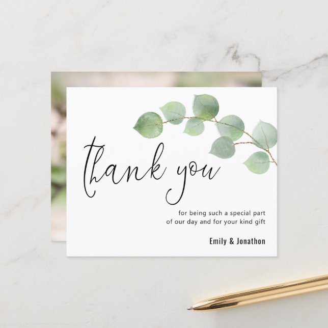Papier Budget Eucalyptus Script Mariage photo Merci (Devant/Arrière en situation)