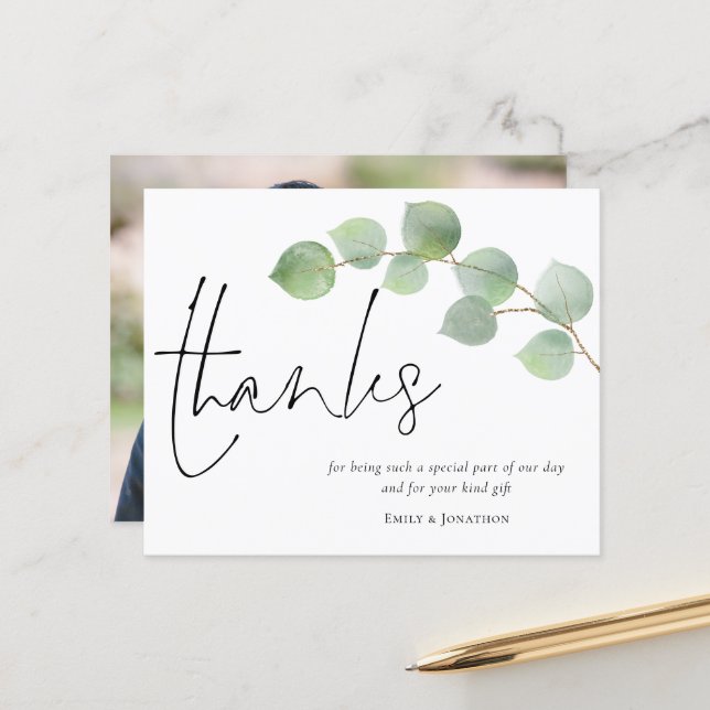 Papier Budget Eucalyptus Script Mariage photo Merci (Devant/Arrière en situation)