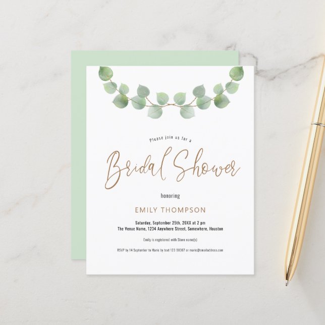 Papier Budget Eucalyptus Script nuptiale invitation douch (Devant/Arrière en situation)