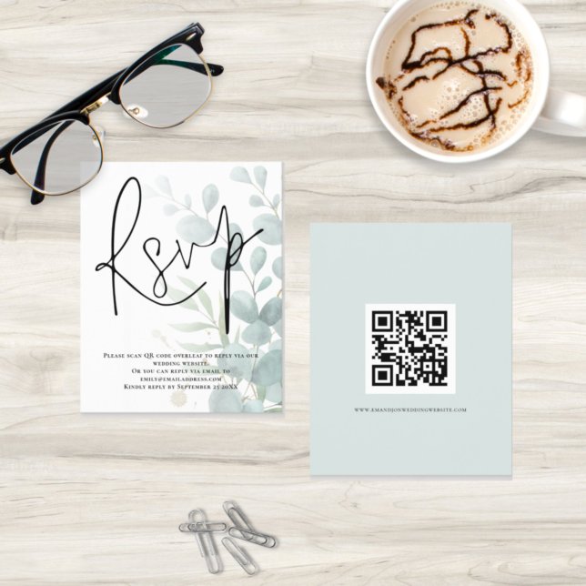 Papier Budget Eucalyptus Script QR Code Mariage RSVP (Créateur téléchargé)