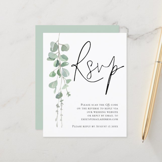 Papier Budget Eucalyptus Script QR Code Mariage RSVP Encl (Devant/Arrière en situation)