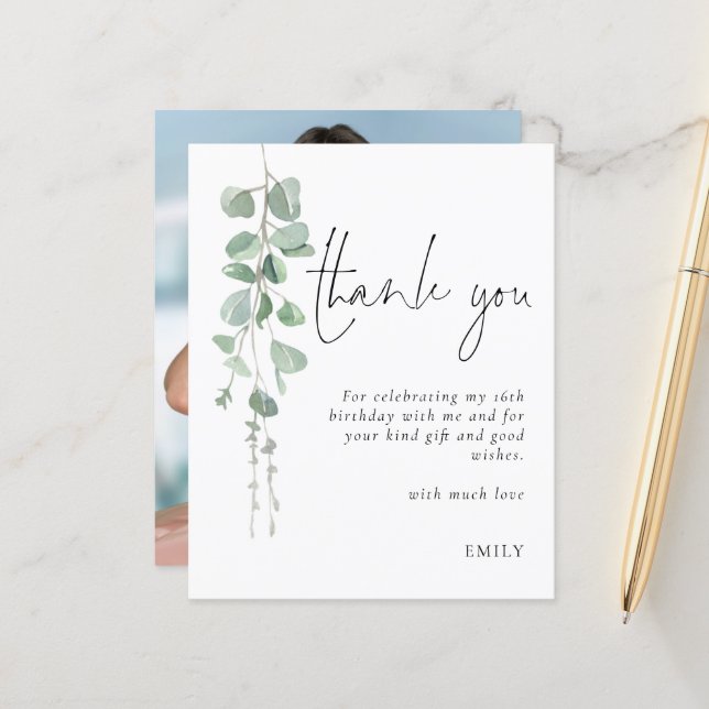 Papier Budget Eucalyptus Sweet sixteen photo Merci (Devant/Arrière en situation)